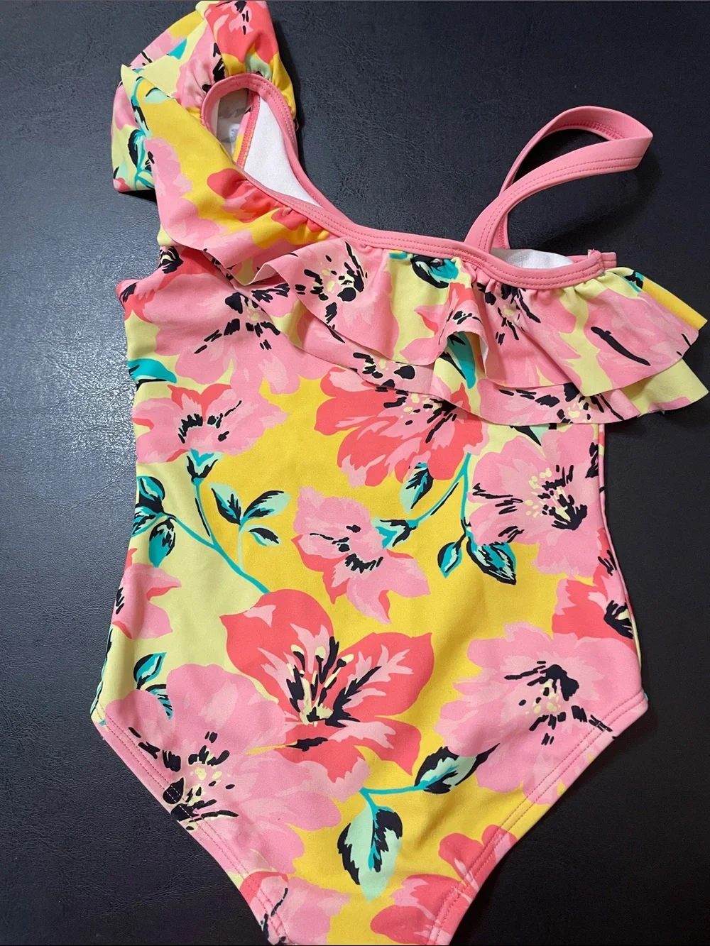 Kids Floral One-Shoulder Swimsuit - Pink & Yellow Sz.4T used good condition